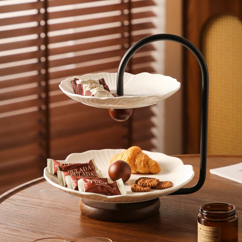 Two-Tier Multi-Layer Light Luxury Dried Fruit and Fruit Plate Japanese Wabi-Sabi Style Ceramic Snack Plate Front Desk Reception Two-Tier Candy Dish