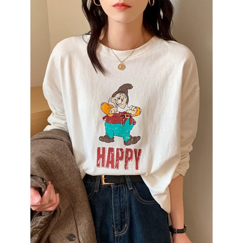 Pure cotton printed inner white bottoming shirt autumn winter early spring new long-sleeved t-shirt plus size women's Korean top