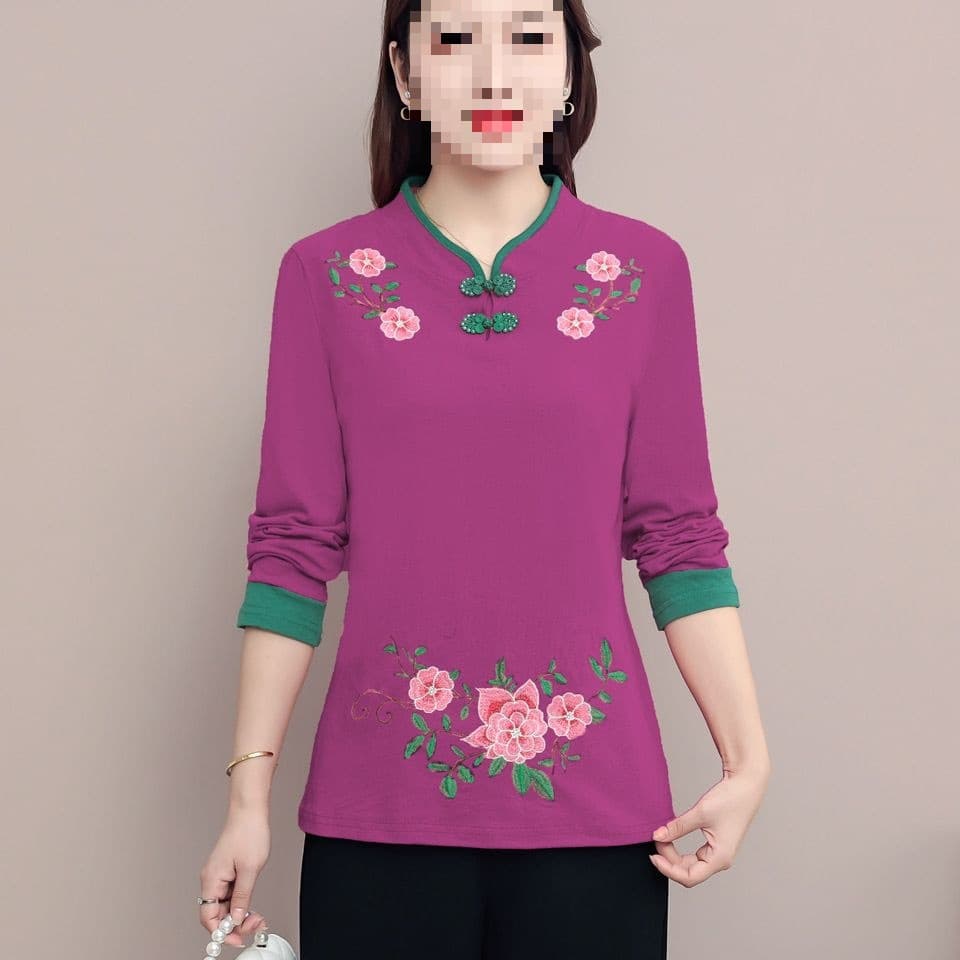 Ethnic style women's top, new autumn and winter style, plus size, Chinese style retro embroidered stand collar, Chinese knot button embroidered long sleeve base shirt