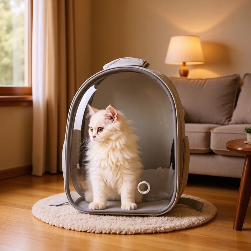 Large-capacity cat backpack/pet space capsule for small dogs, breathable pet bag with front and shoulder flaps, side opening.