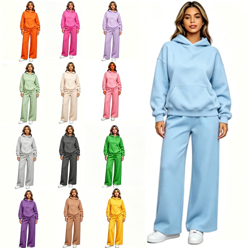 Women's Cross-Border Drop Shoulder Sleeve + Wide-Leg Pants Matching 2-Piece Set Solid Color Plain Fleece Loose Fit Factory Direct Supply Set