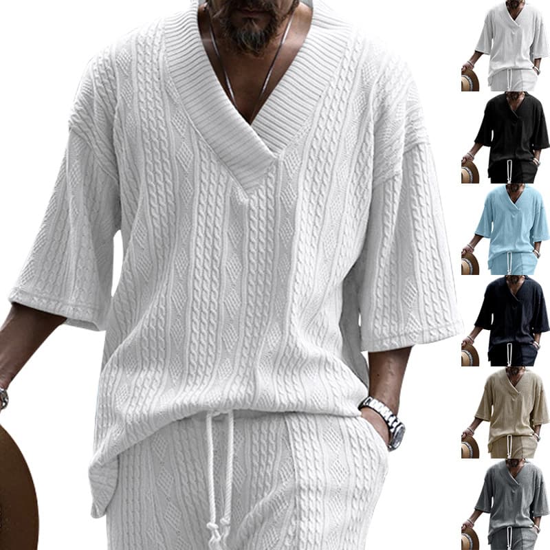 Loose Men's Knitted T-shirt Sporty Casual Summer Breathable Short Sleeve Large V-Neck Single Color Male Fashion Top