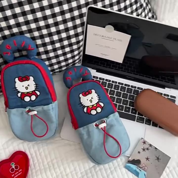Original Cartoon Cat Denim Pencil Case Ins Style High School Student Large Capacity Handheld Stationery Box Standable