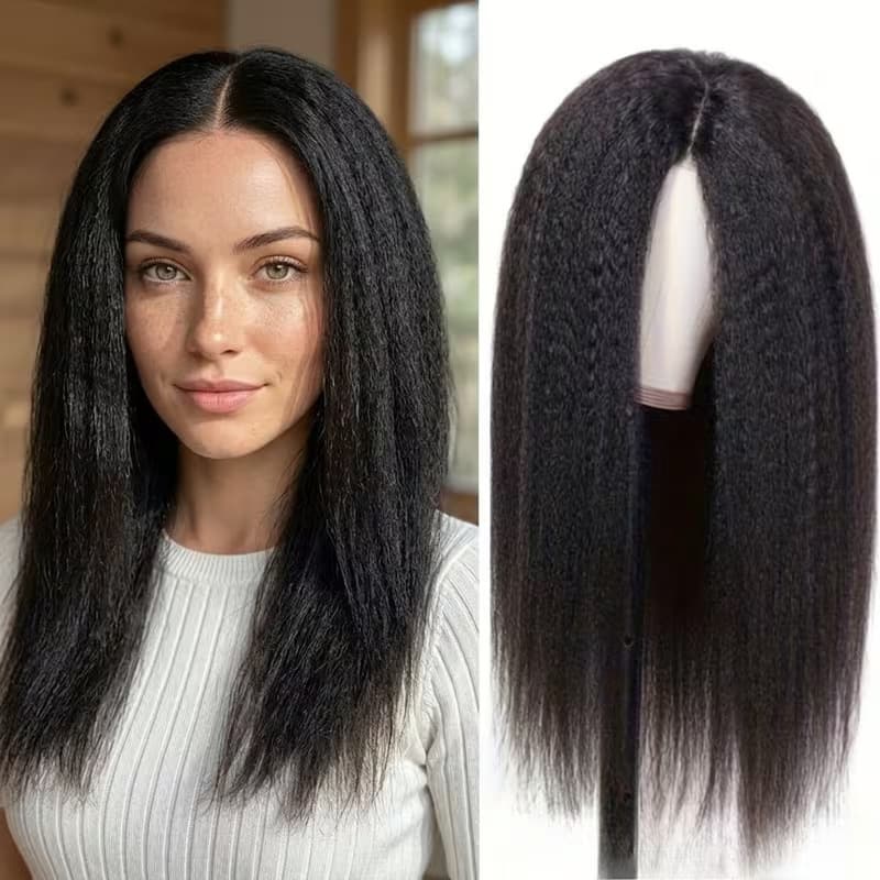 Cross-border Black Yaki Middle Part Long Straight High Temperature Fiber Wig Middle Part Synthetic Hair Wig for Export OEM Labeling