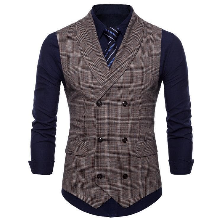 Slim Fit Vest - Fashion Men's British Style Double-Breasted Suit Collar Vest, Casual Retro Plaid Waistcoat
