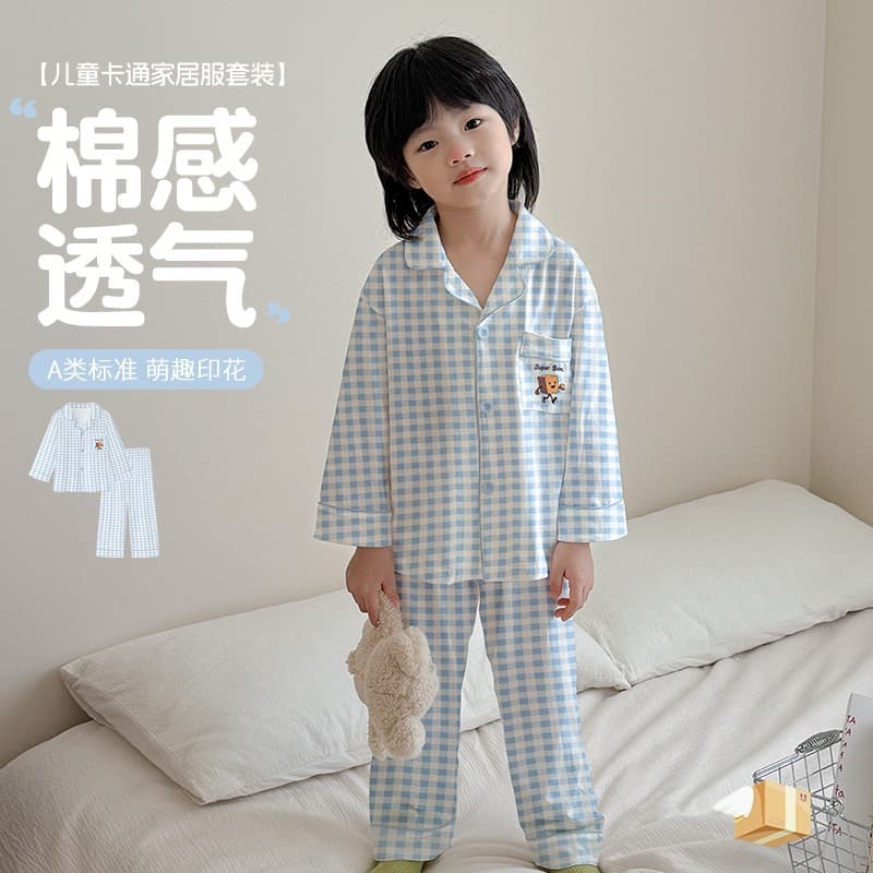 Youth Spring/Autumn All-Cotton Turn-Down Collar Homewear, Children's Pajamas Long-Sleeve Thin Style, Boys and Girls Pure Cotton Casual Set