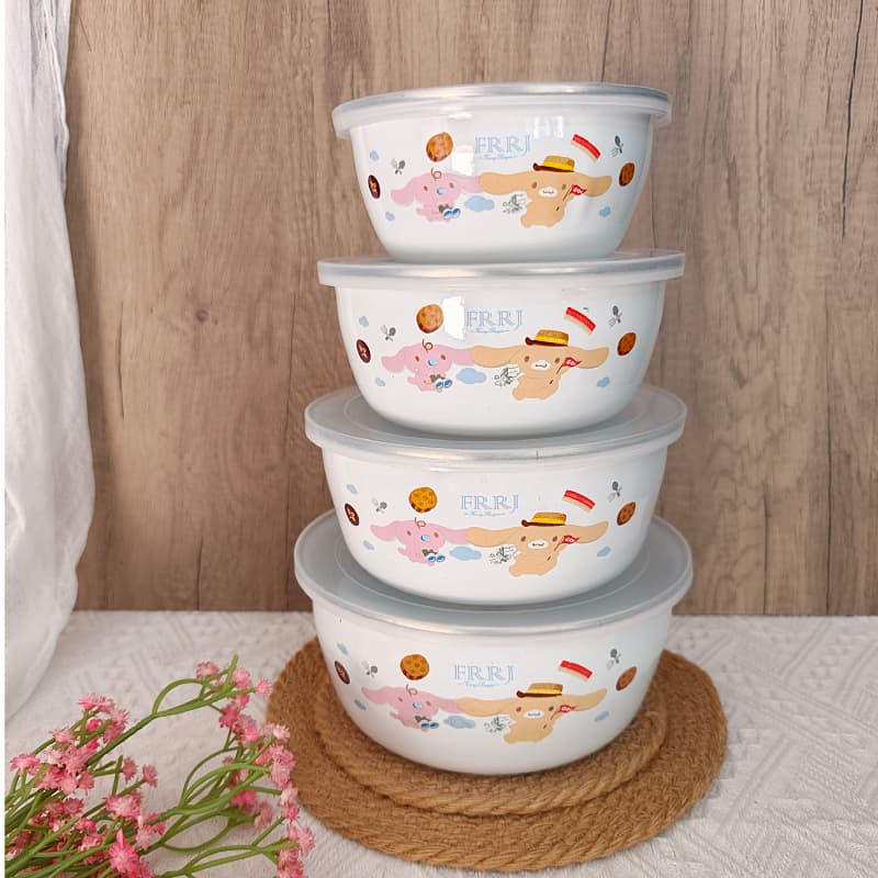 Vintage Enamel Bowl with Lid, Thickened and Sealed, Kitchen Storage Bowl Set, Nostalgic Dish Set, 4-Piece Soup and Rice Bowls