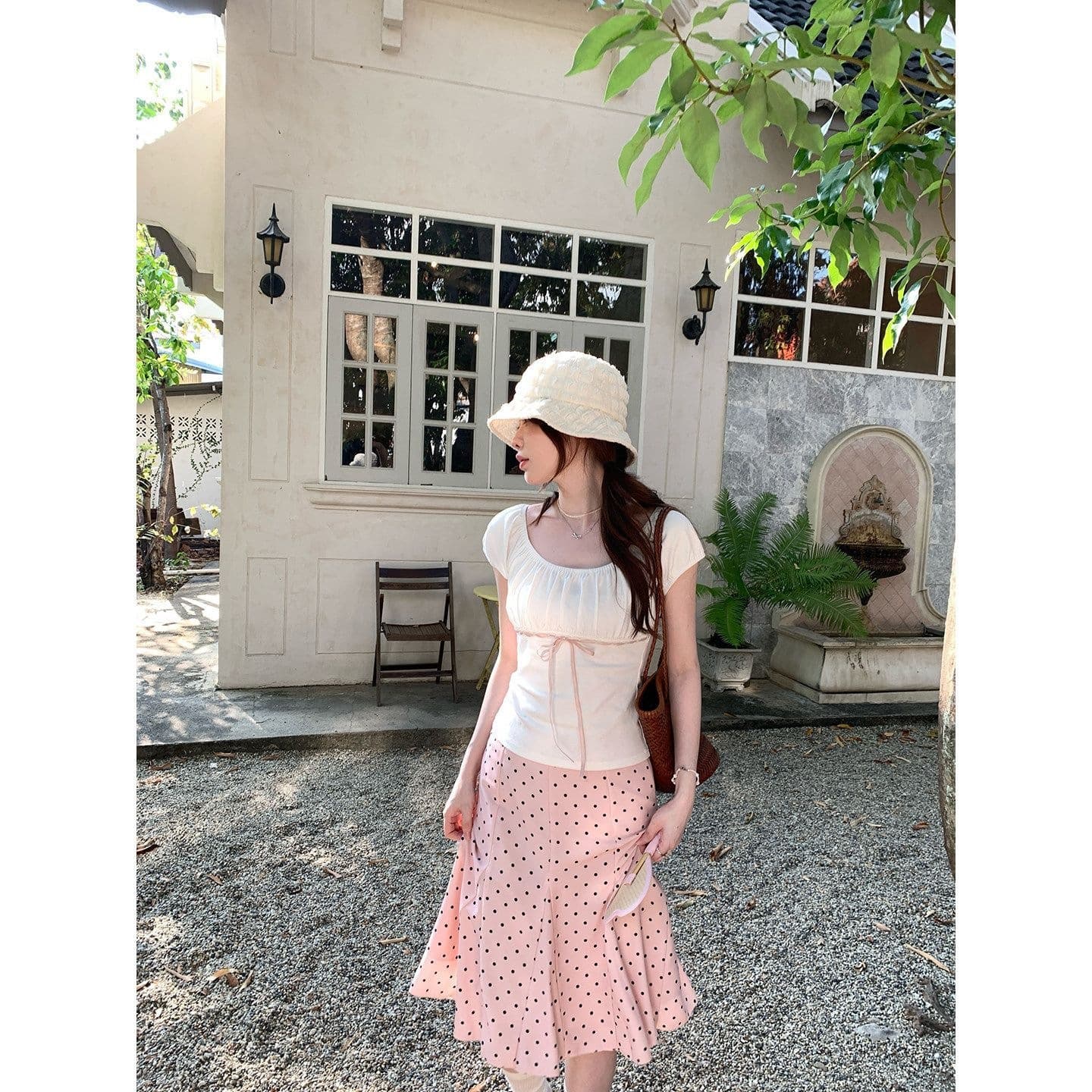 Midi Skirt White Short Sleeve A-Line Skirt Suit Women's Summer T-Shirt, Beautiful Design with Large Polka Dots, Half Skirt, Nice for Early Spring