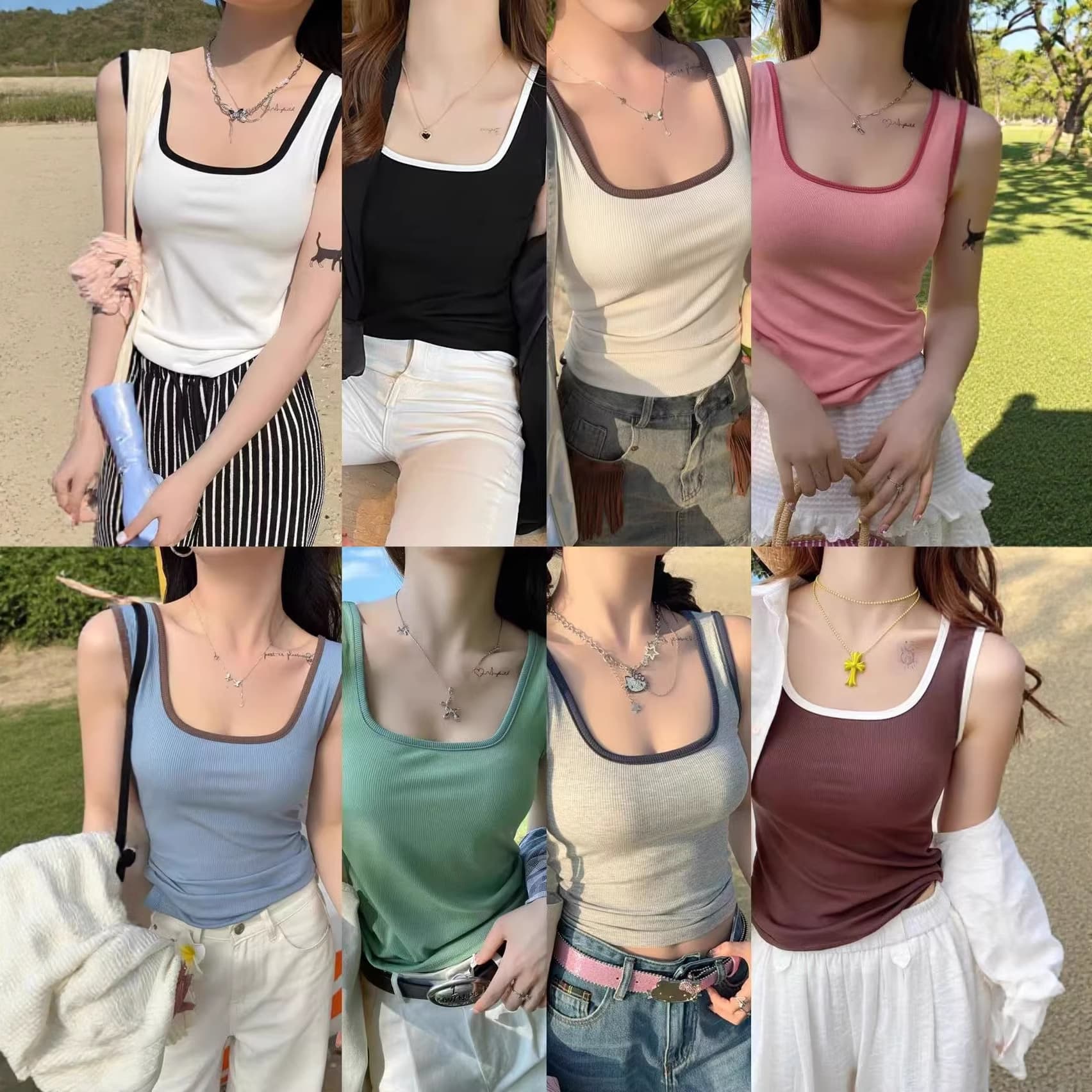 2026 New Wide Shoulder Strap Color Block Vest for Women with Supported Breast Pads to Conceal Side Boob, Suitable for Inner Wear or Outer Wear, Casual Base Layer Camisole