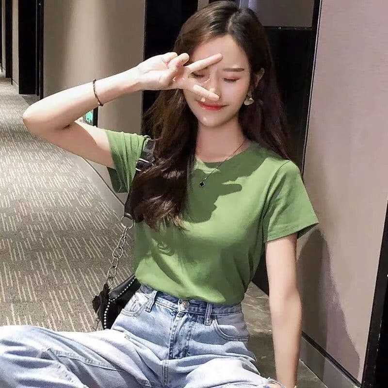 2024 Korean Summer Avocado Green T-Shirt Women Short Sleeve Slim Fit Matcha Green Versatile Top Women's Base Layer Slimming