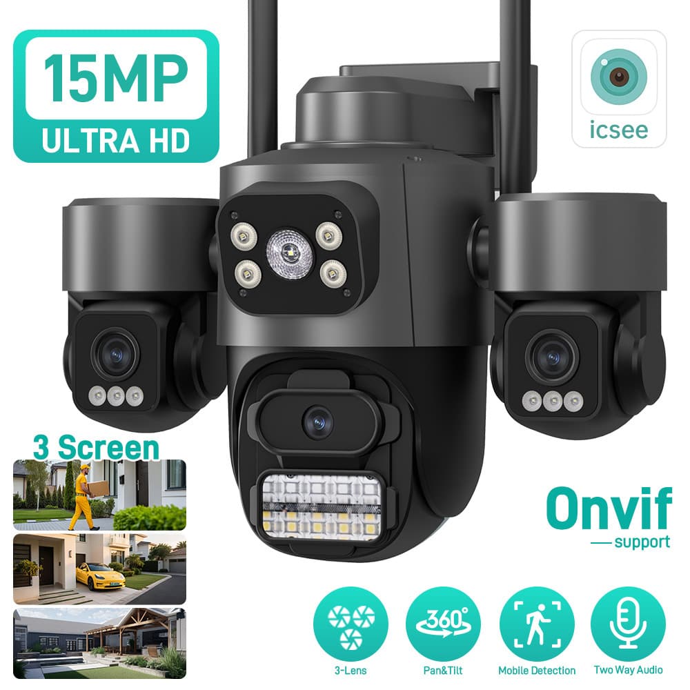 Manufacturer cross-border ICSEE super look three-lens three-screen outdoor home wifi high-definition surveillance camera