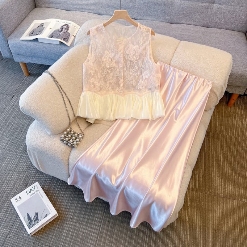 2026 new Chinese style retro jacquard embroidery round neck lace splicing vest top with skirt national style suit