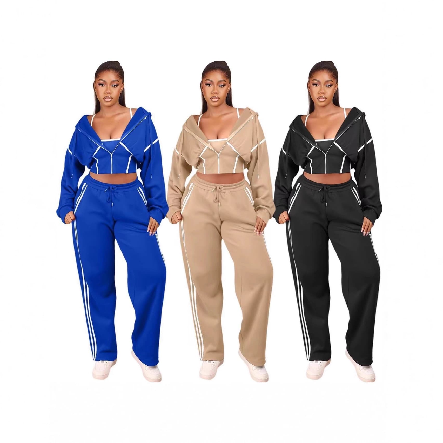 57095 European and American Fashion Cross-Border Supply Women's Apparel Contrast Fleece Hoodie Hooded Sport Casual Set Three-Piece Set