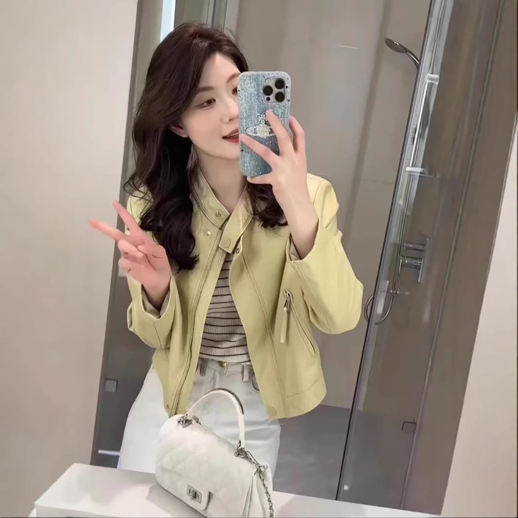 Elegant Short PU Leather Jacket Women's Stand Collar Biker Style Coat Spring Fashion High Quality Commute Wind Elegant