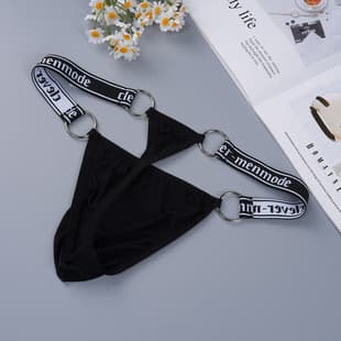 Men's Lettering Wide Waistband Ring Double T-Back Briefs High Elasticity Ice Silk Pouch Hollow Sexy Thong Breathable Shorts