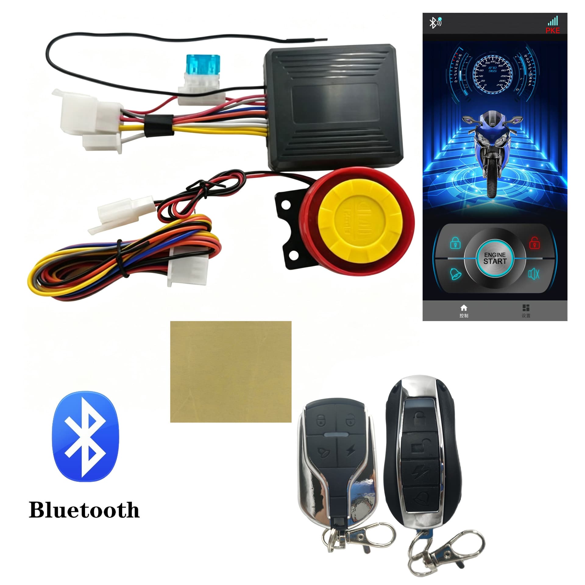 12V Motorcycle One-Button Start Keyless Ignition Bluetooth Remote Control Anti-Theft Alarm System with Hazard Lights, Find My Vehicle, and APP Control