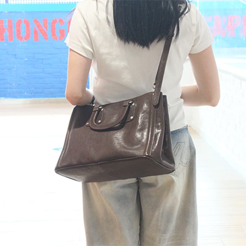 New retro genuine leather niche design work large capacity crossbody solid color simple hand tote high-end women's bag