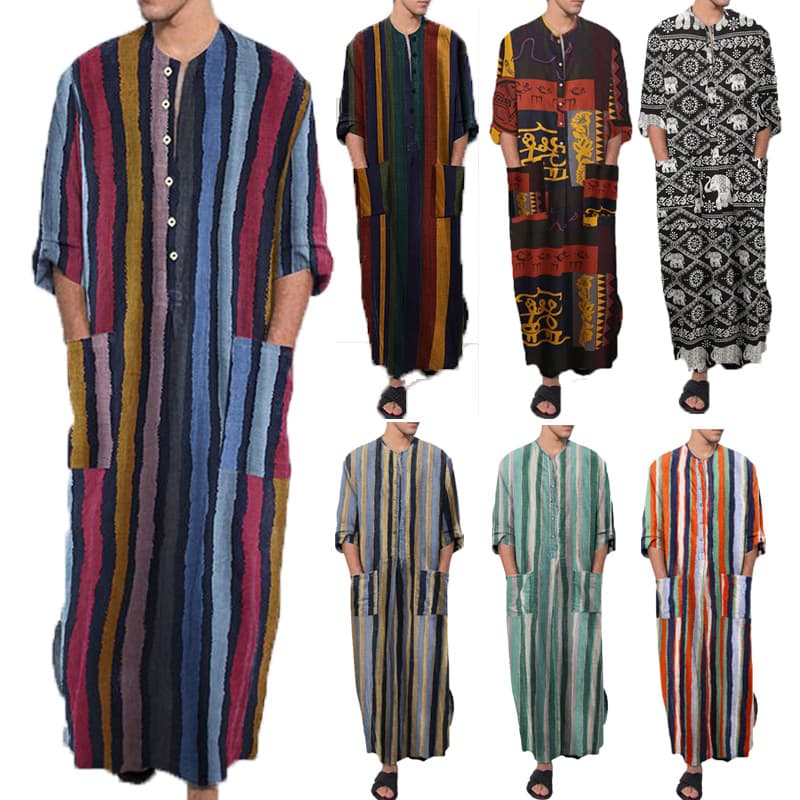 New Spring/Summer Middle Eastern Apparel: Long-sleeved Jumpsuit, Striped Print, Muslim Men's Robe
