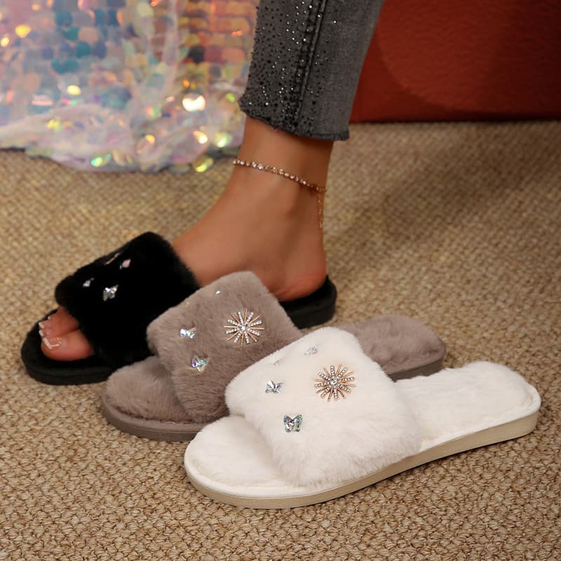 New Cross-Border Trade Fuzzy Slippers Fashion Rhinestone Flat Indoor Home Plush Slippers Size 43 Flip-Flops