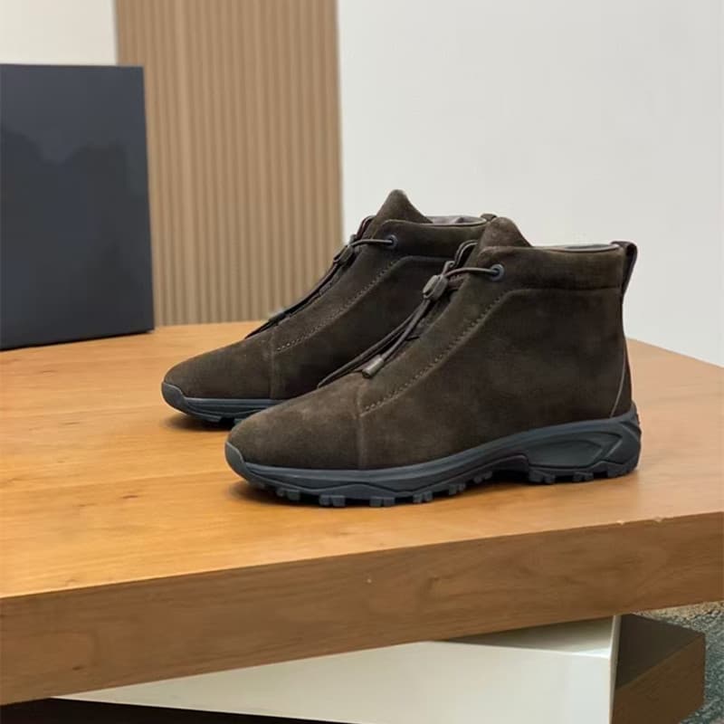 Z Outdoor Hiking Shoes Lace-Free Mid-Top Boots Suede Elastic High-Top Sneakers Genuine Leather Thick Sole Short Boots