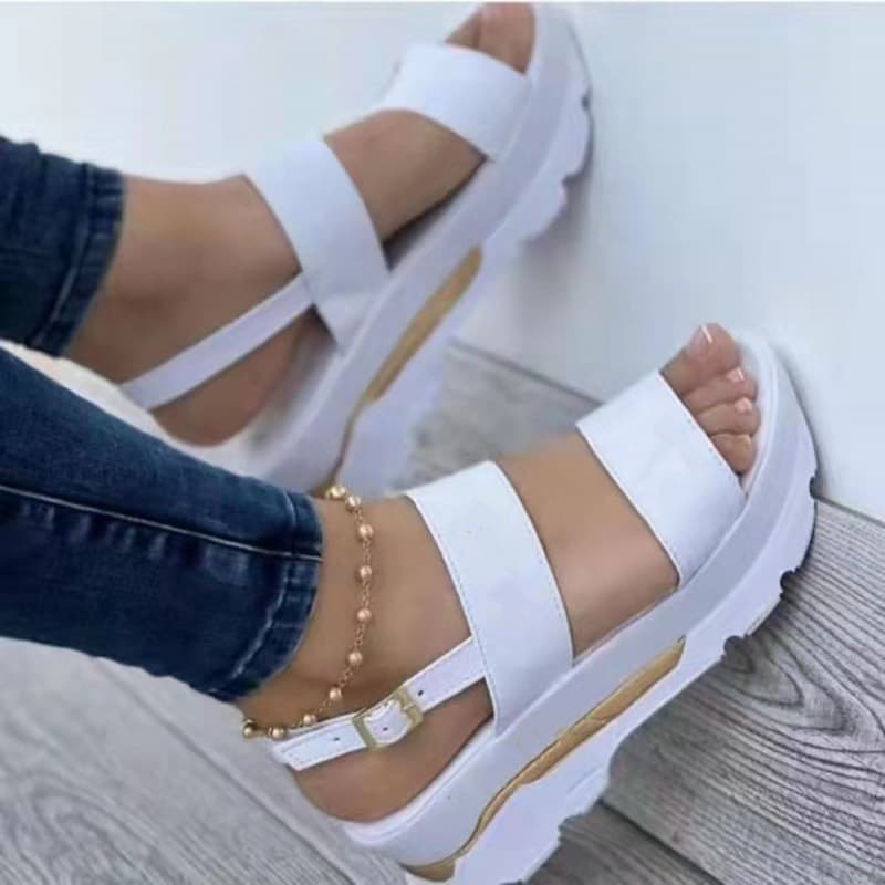 2022 Summer New Large Size Foreign Trade Women's Shoes Letter Wide Strap Sweet Style Thick Sole Wedge Heel Sandals Women