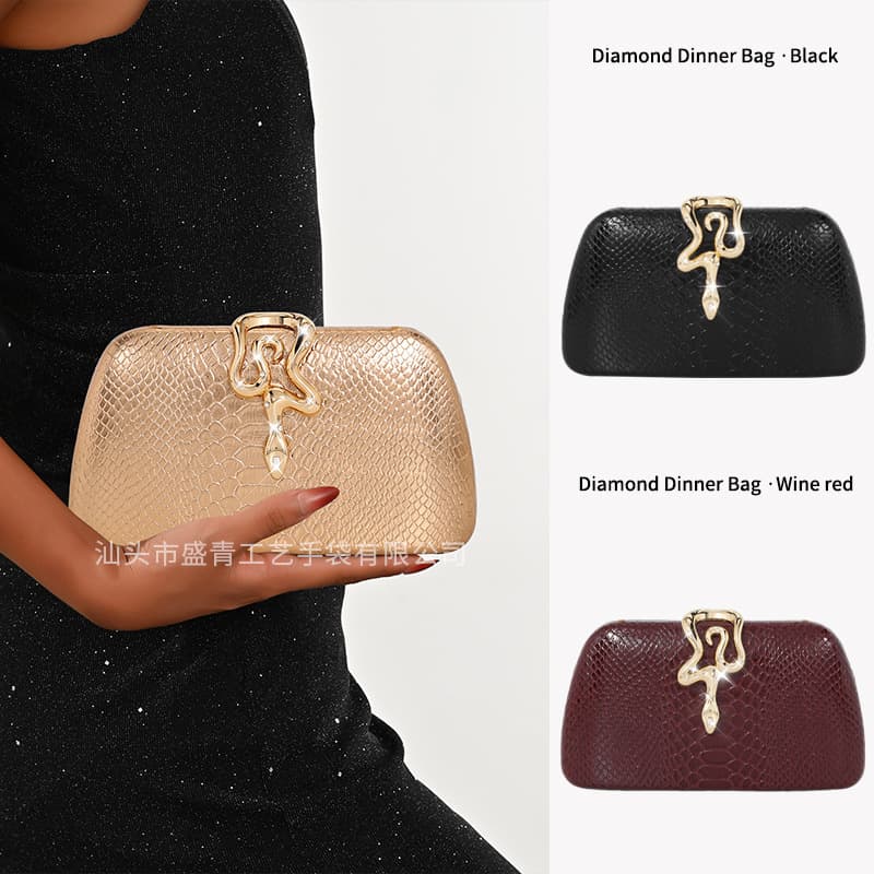 New Cross-border Fashion Hardware Decorative Handbag for Women, European and American Style Snake Print Evening Clutch, Elegant Handheld Bag