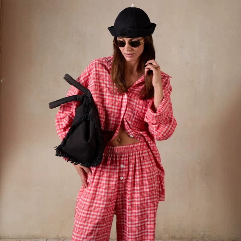 French Relaxed Lazy Style Plaid Long-Sleeve Shirt and Pants Loungewear Outerwear European and American Cross-Border Women's Clothing