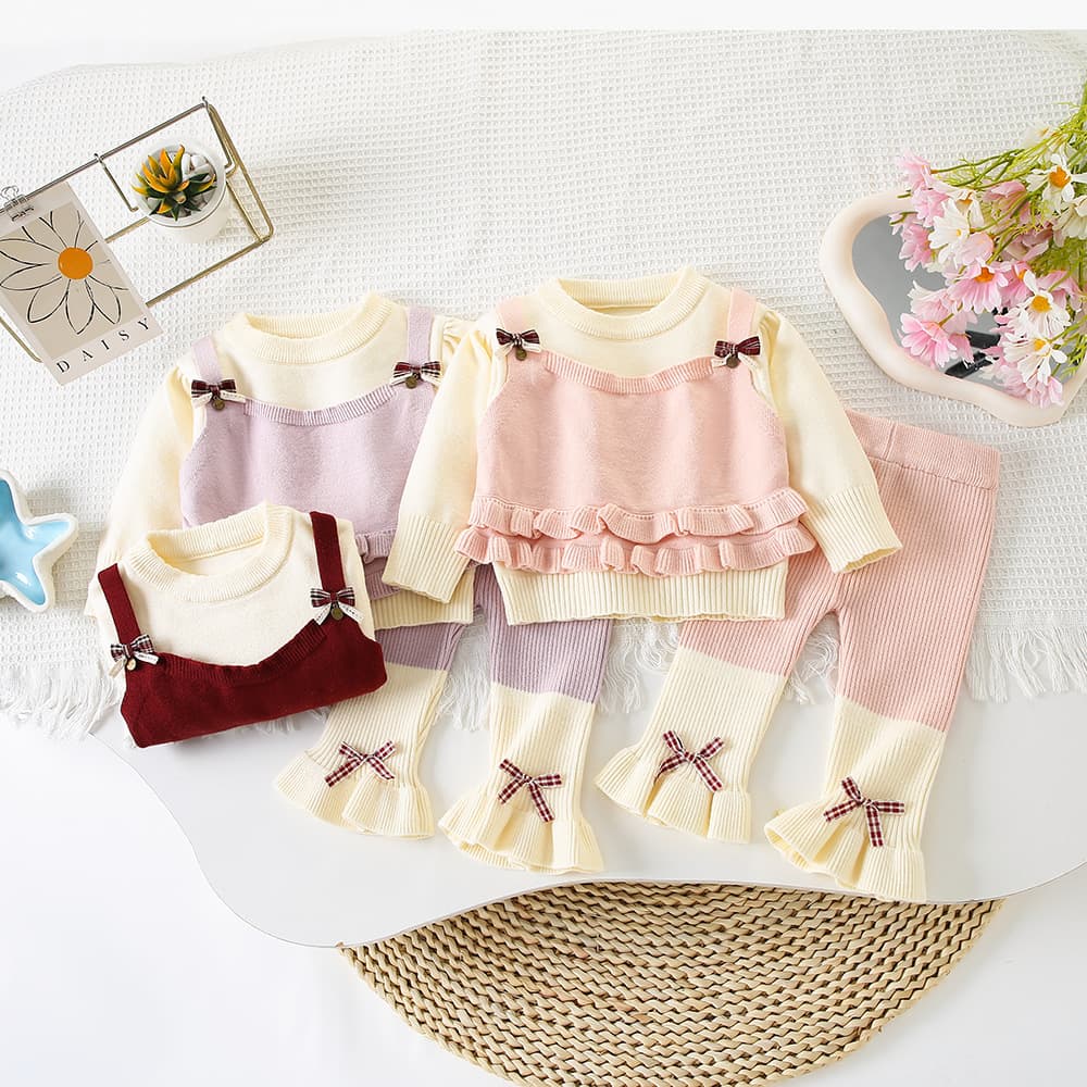 Autumn and Winter New Baby Girl Outfit Knit Sweater Sweet Two-Piece Knit Pants Set Korean Fashion Leggings Set