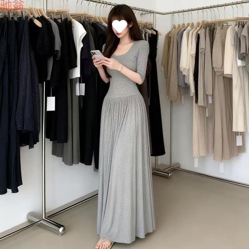 Y9Z Cool Artistic Ballet Style High-End Fitted U-Neck Patchwork Dress, Waist-Slimming Long A-Line Skirt