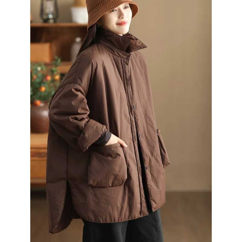 In stock: Winter retro textured cotton thickened cotton coat for women, large pockets, mid-length, quilted, warm cotton-padded jacket.