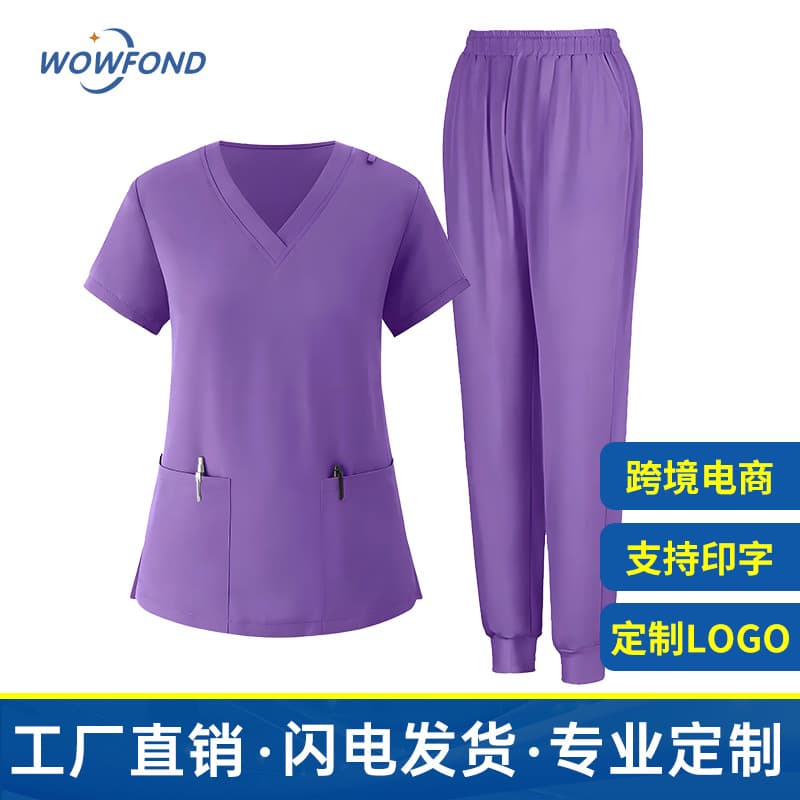 Cross-border e-commerce short-sleeved stretch quick-dry V-neck scrub suit for dental and pet use, two-piece workwear set