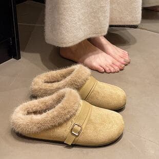 Retro Thick Sole Heightening Fleece Lined Birkenstock Shoes Closed Toe Half Slippers Women Outdoor 2026 New Winter Slippers