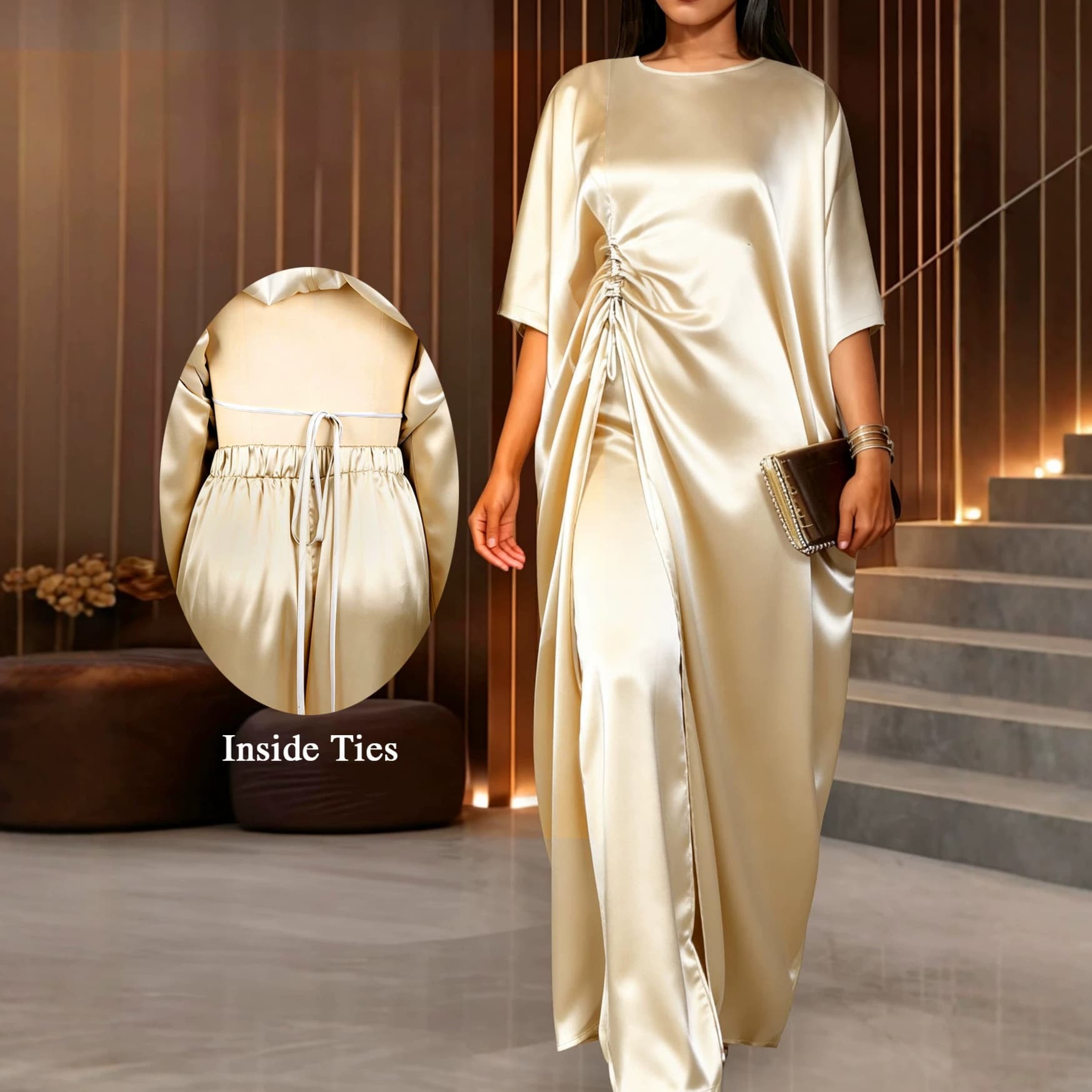 African Print Long Robe Pants Set Drawstring Loose Top with Casual Wide-Leg Pants Two-piece Set