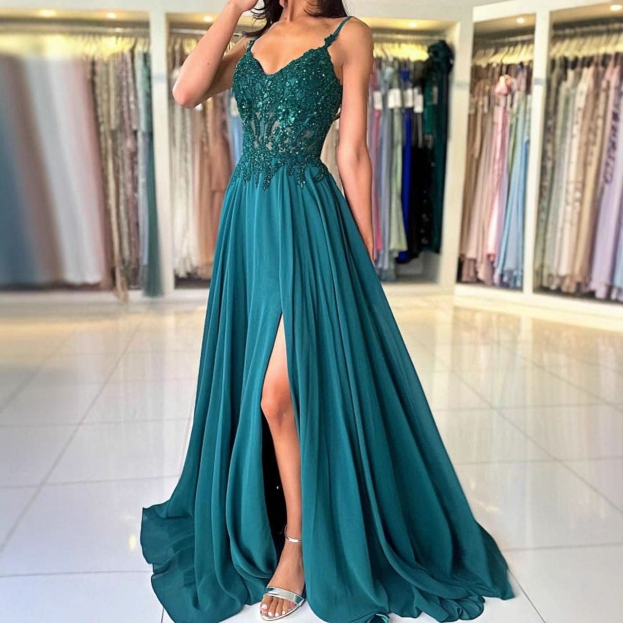 Amazon's new European and American chiffon appliqué prom dress 2025 cross-border suspender slim evening dress