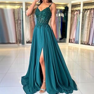 Amazon New European and American Chiffon Applique Prom Dress 2025 Cross-border Spaghetti Strap Slim Evening Gown