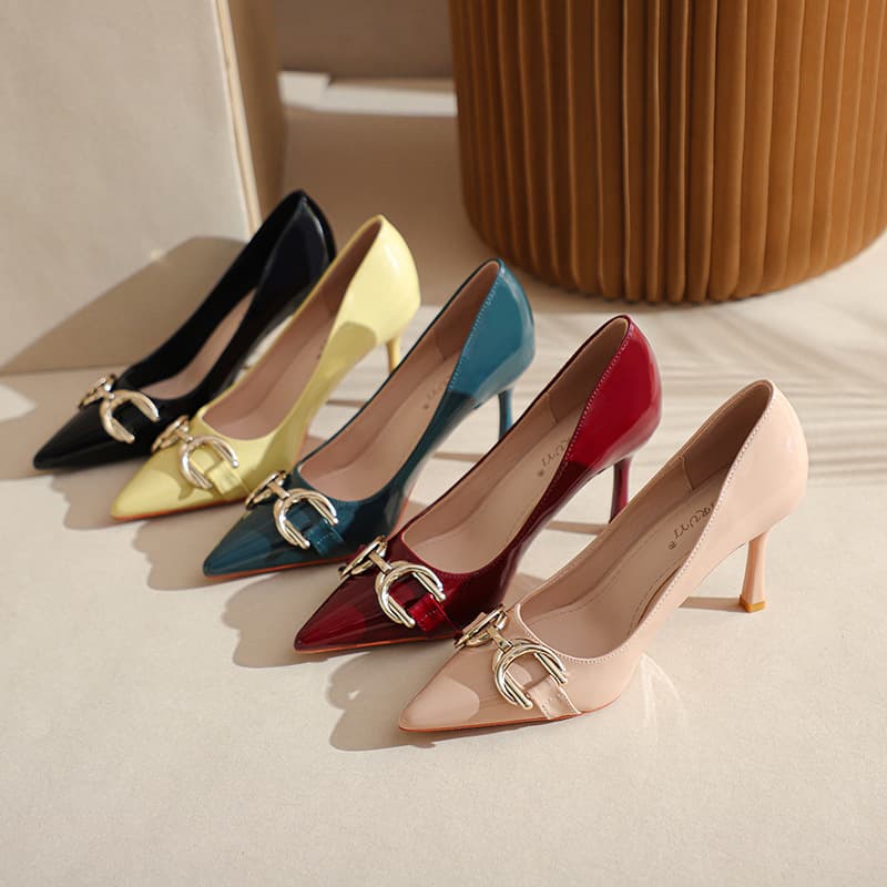 Sizes 31-44 JM-TK Drop Shipping New Pointed Toe Patent Leather High Heels with Horsebit Strap, Sexy Stiletto Heels