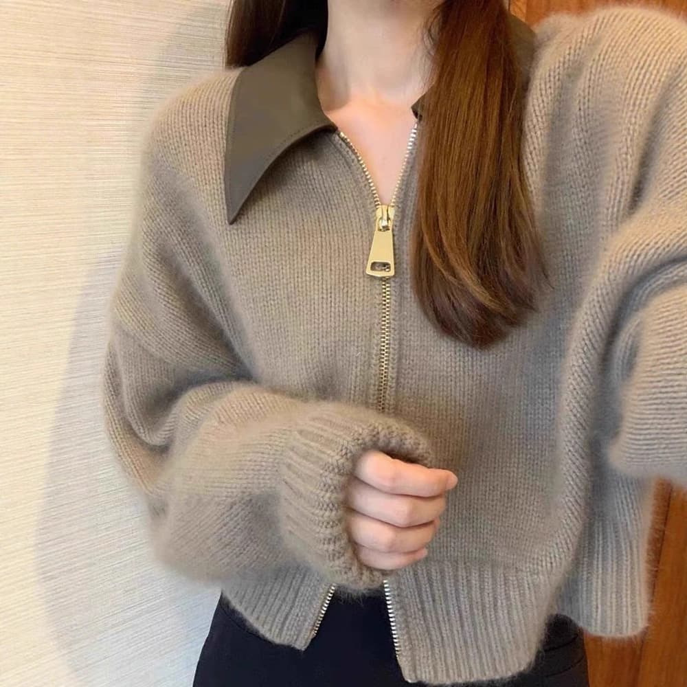 Plus size fat girl design stitching leather collar double zipper sweater women's autumn soft and waxy chic retro top