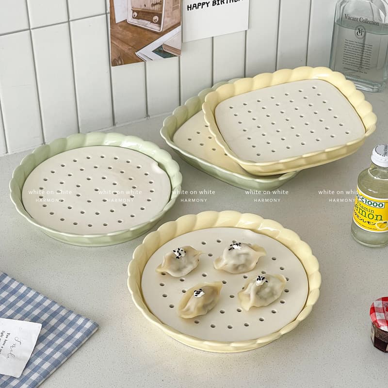 Oil draining tray, double-layer dumpling draining tray, multifunctional scalloped plate, cream-style ceramic steam tray with water separation
