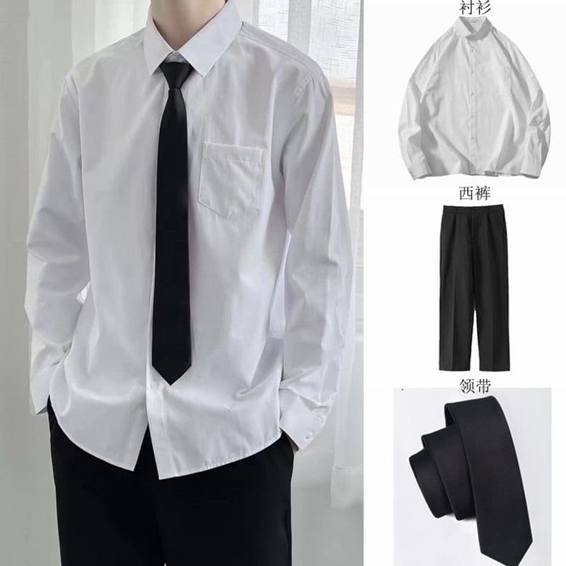 Youth Loose White Shirt Men's Long Sleeve Base Layer Shirt Couple Tie Suit Set Student Class Uniform
