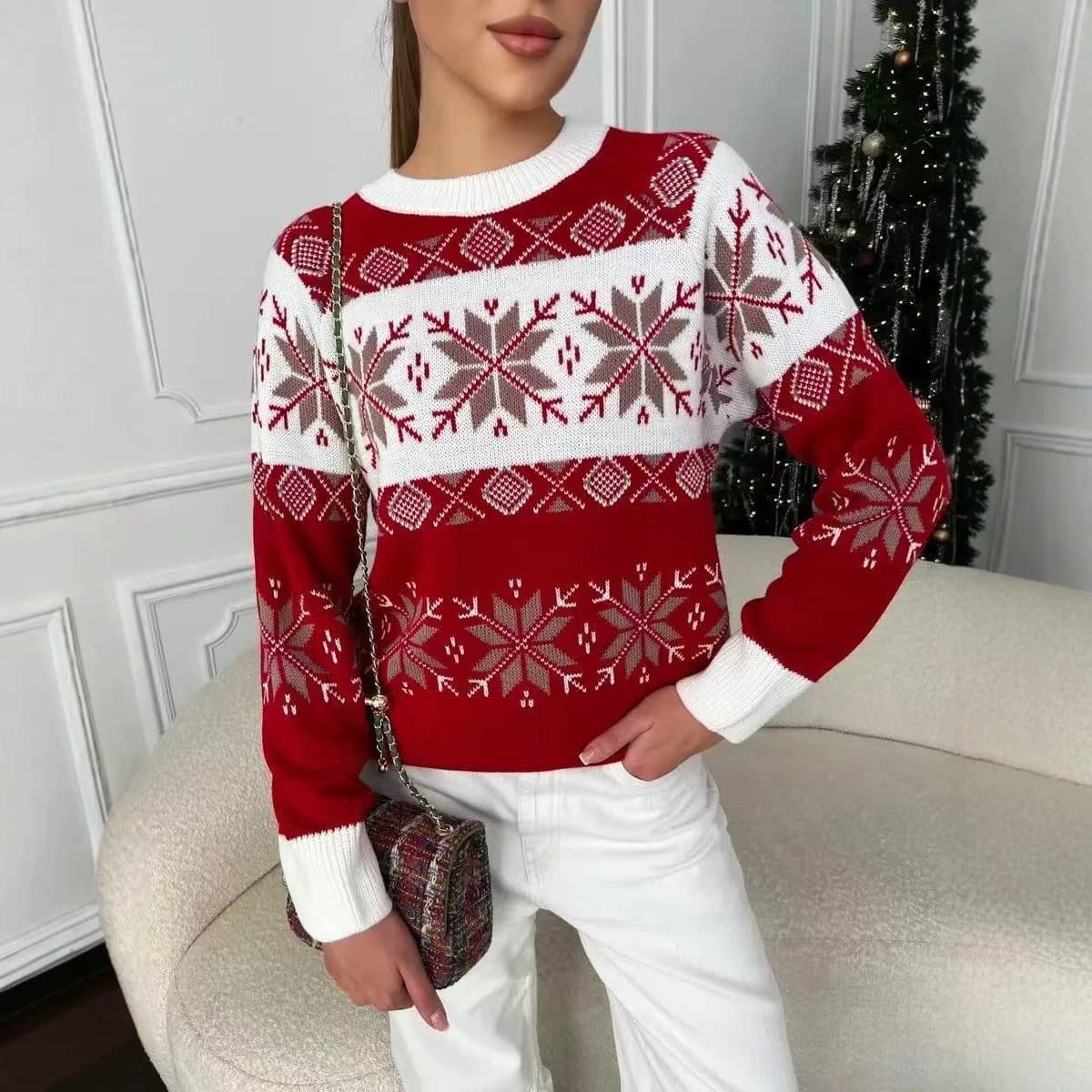 Cross-border Christmas Snowflake Sweater Custom Factory Direct Supply Loose Jacquard Knit Sweater 7-Day Sampling Small Orders Accepted