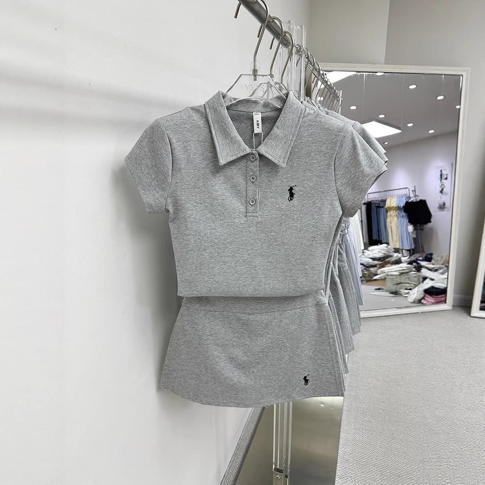 Embroidered Polo Collar Regular Shoulder Short Sleeve T-Shirt Women's Summer New Casual Sport High Waist Slimming Skirt Two-Piece Set