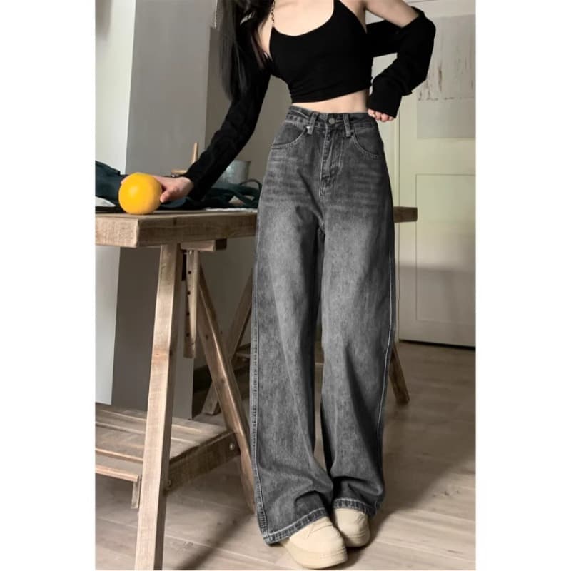 Grayish Black Denim Jeans Women's American Retro Wide Leg Straight Loose Drapey Floor-Length Pants Merald Style