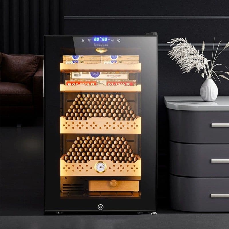 Smart electronic constant temperature and humidity air-cooled cigar cabinet, made of cedar wood, suitable for home use.