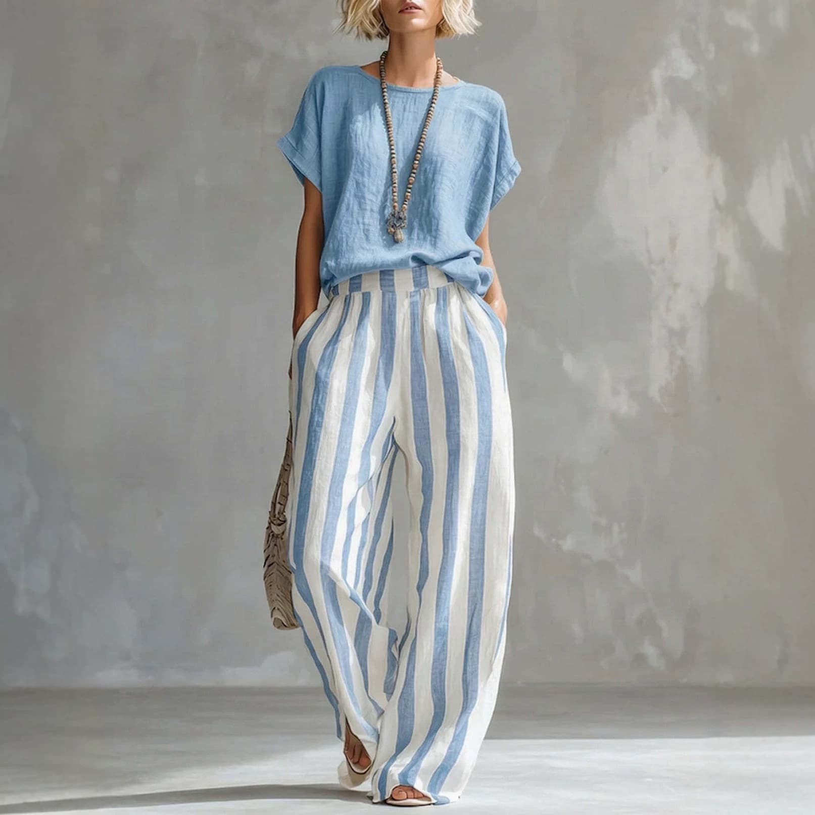 2026 Amazon cross-border independent station foreign trade European and American round neck top straight striped casual trousers women's suit