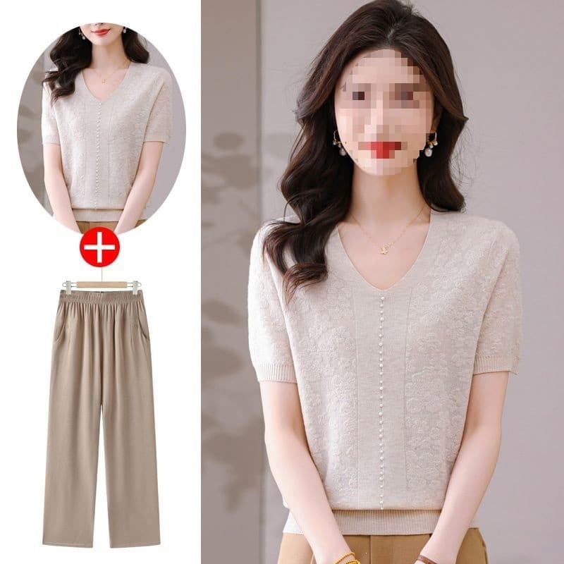 T-shirt ice silk fashionable knitted two-piece set with western style new style summer short-sleeved shirt for middle-aged and elderly mothers