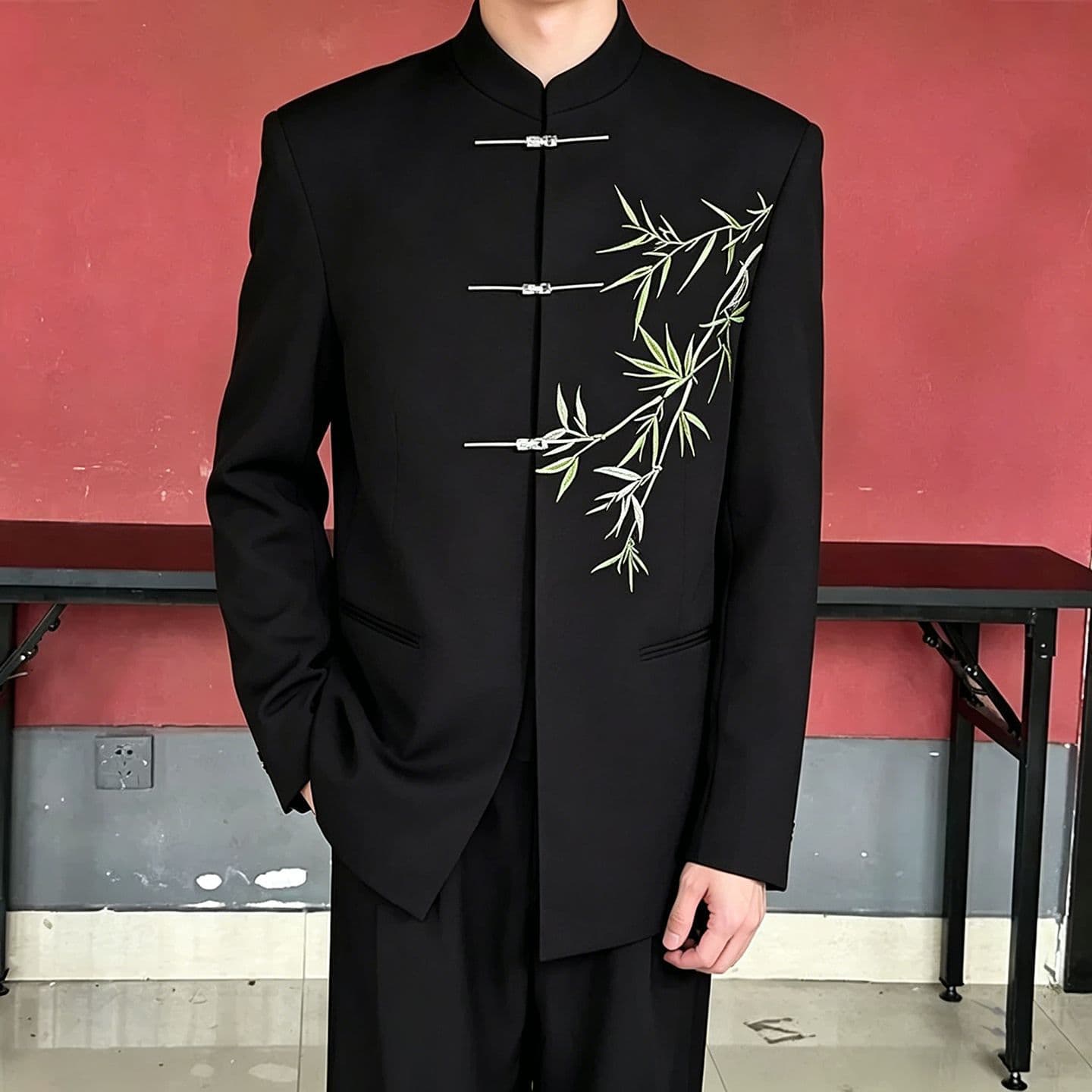 New Chinese style men's national style suit jacket young people's engagement dress DK stand-up collar shoulder pads tunic suit bamboo embroidery