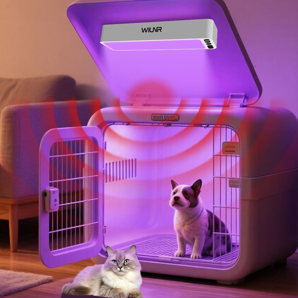 Rechargeable portable magnetic UV disinfection lamp for home use, deodorizing and disinfecting dog and cat beds.