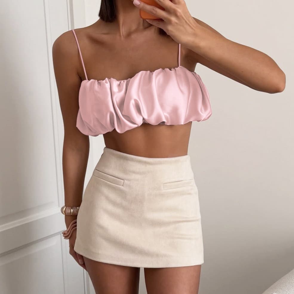 French Elegant Strappy Camisole for Women 2026 Summer Sexy Balloon Satin Faux Silk Short Crop Top