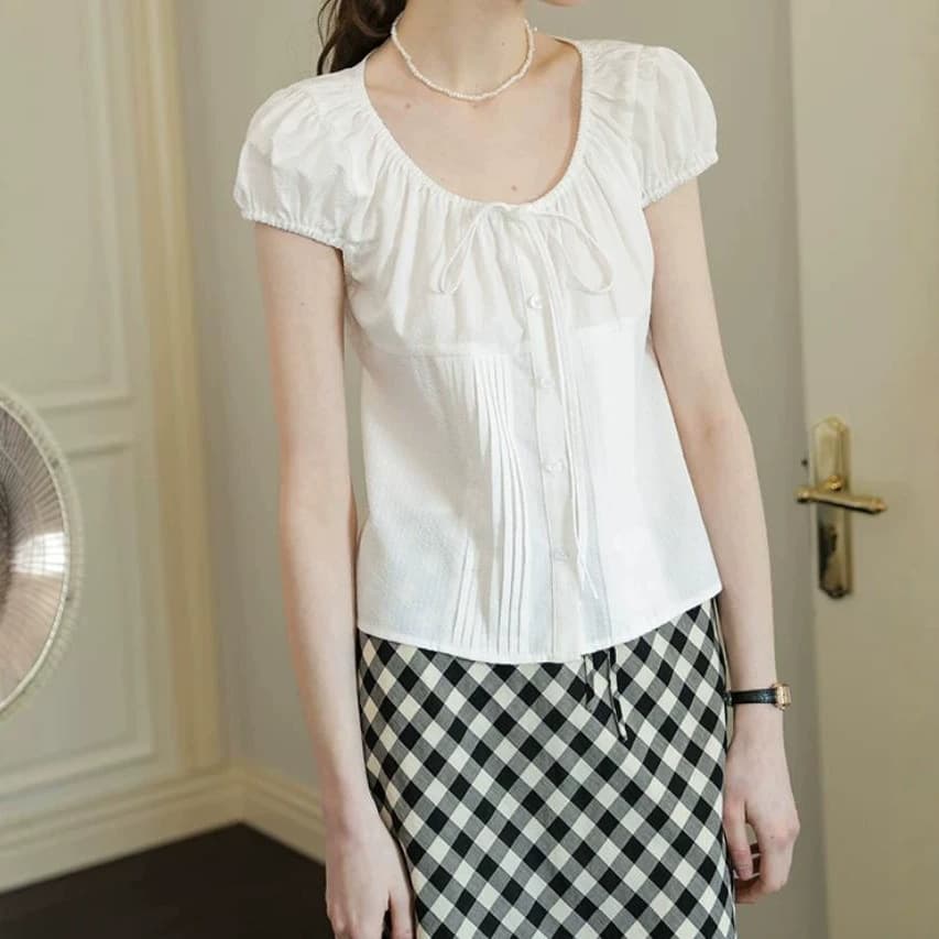 U-neck tie puff sleeve white short-sleeved shirt women's summer new casual light romantic elegant shirt