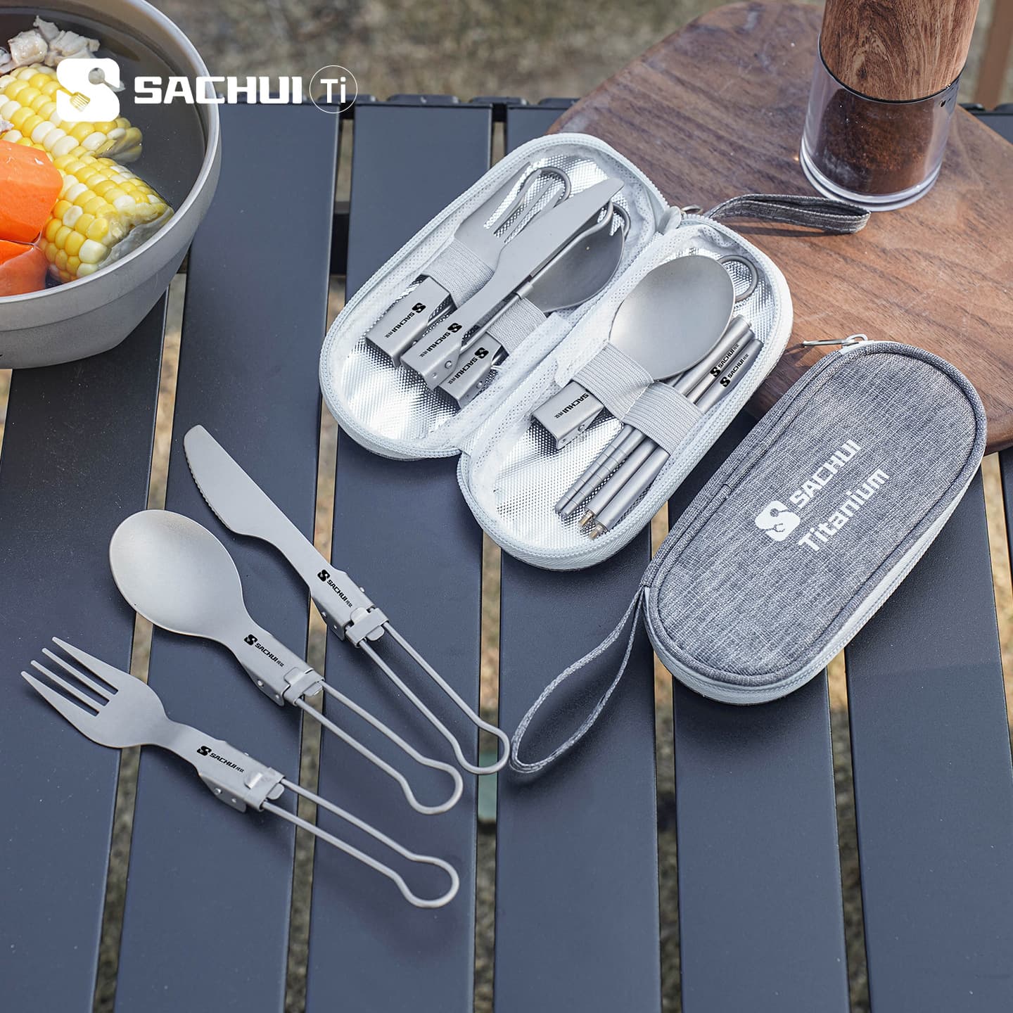Pure titanium outdoor portable multi-function fork and spoon camping chopsticks titanium tableware camping folding spoon titanium alloy fork
